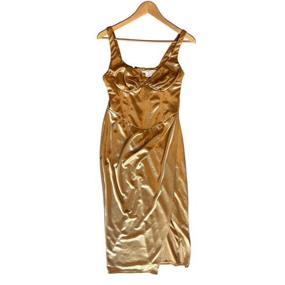ASOS Metallic Gold Midi Dress with Side Split – Size 10 - Picture 1 of 5